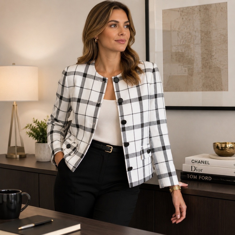 Vintage 90s Plaid Collarless Boxy Blazer Jacket USA L En Avance Academia Preppy